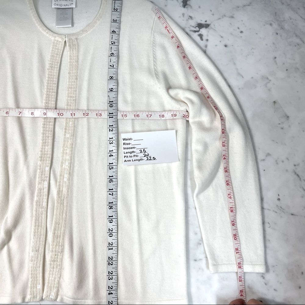 DESIGNERS ORIGINALS Sweater Cardigan Open Split Cream Shimmer Trim Size M - Picture 6 of 12